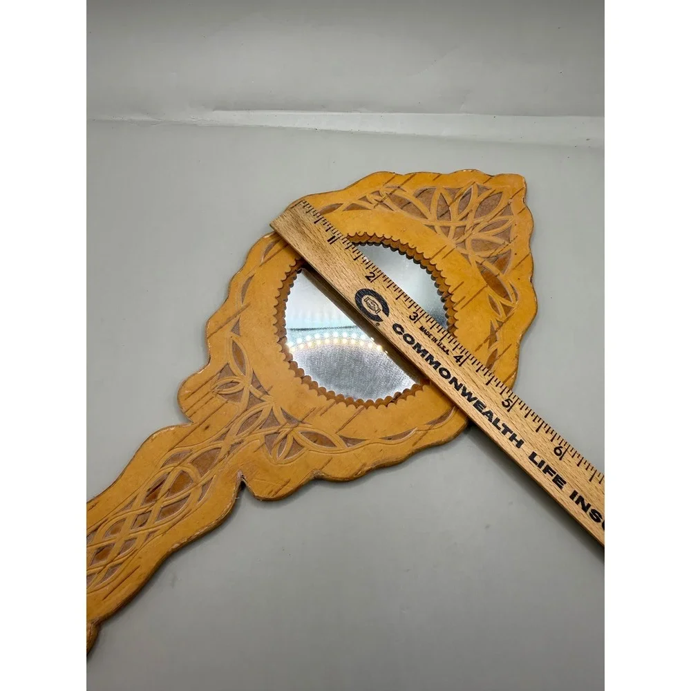 Vintage MCM Eastern European Hand Carved Birch Wood Hand Mirror 11.75